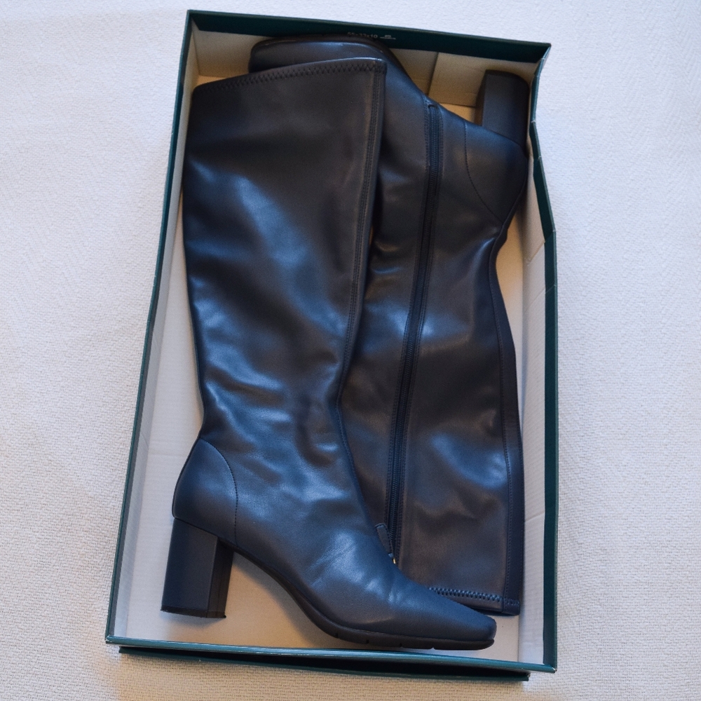 Aerosoles tall faux leather heeled boots in navy blue